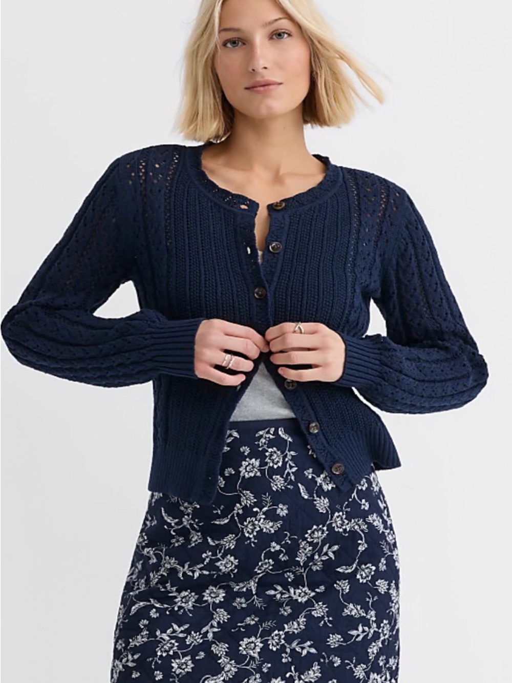 NWOT LOFT Navy Blue "Pointelle Cable Knit Cropped Cardigan" Sweater Size
Small